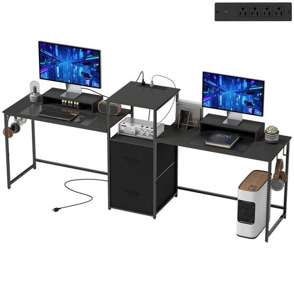 Bureau gaming 96 pouces  double pour 2 personnes avec prises électriques et supports pour écrans, noir