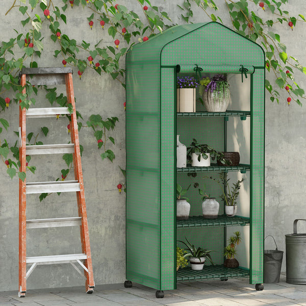 Portable greenhouse with 4 shelves, PE cover, green