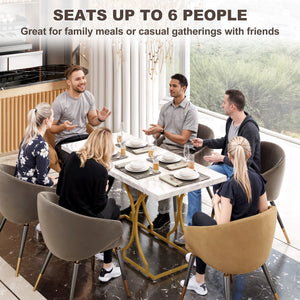 Table à manger pour 6 personnes, table de cuisine moderne à motif marbre avec piédestal en métal, blanche