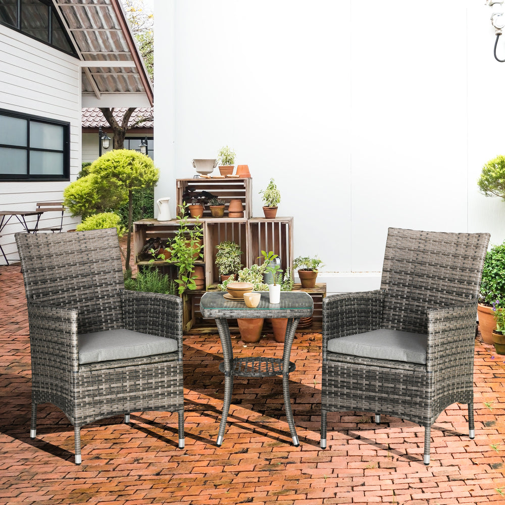 3 Pieces Wicker Patio Furniture Set, Rattan Bistro Set with Glass Top Coffee Table and Cushions, Outdoor Conversation Set for Garden, Porch, Balcony, Mixed Grey