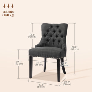 Lot de 2 chaises de salle à manger en lin avec bordure cloutée et pieds en bois, gris foncé