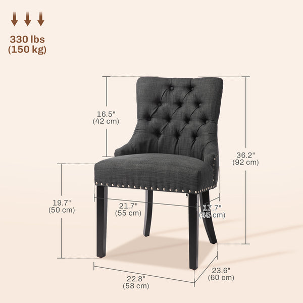 Lot de 2 chaises de salle à manger en lin avec bordure cloutée et pieds en bois, gris foncé