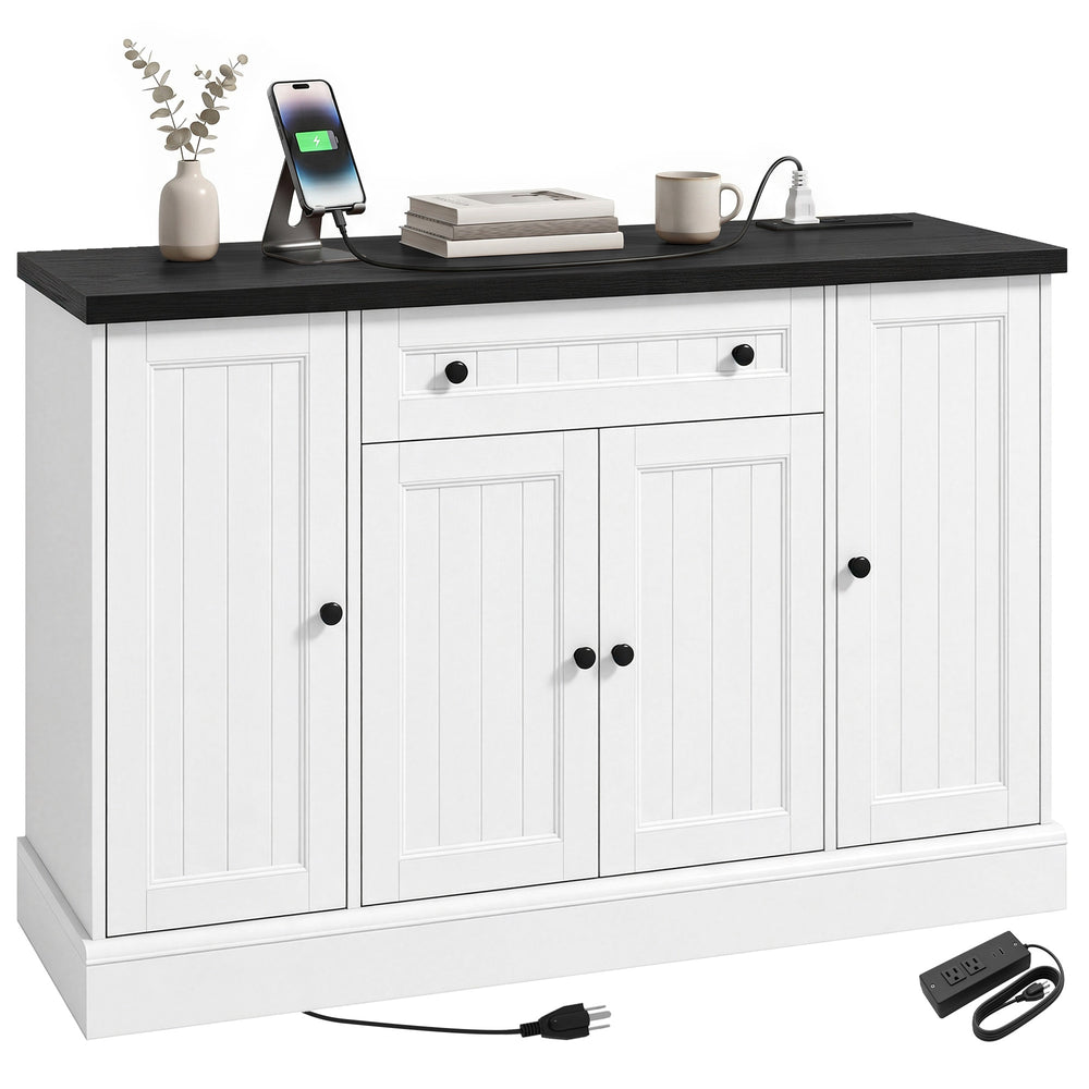 Buffet de rangement avec station de recharge, 3 armoires et tablettes ajustables, blanc