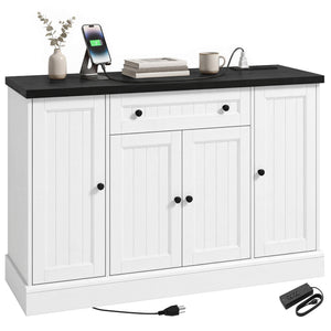 47" Farmhouse Sideboard Buffet Cabinet with Charging Station, Coffee Bar Cabinet with 3 Adjustable Shelves, White