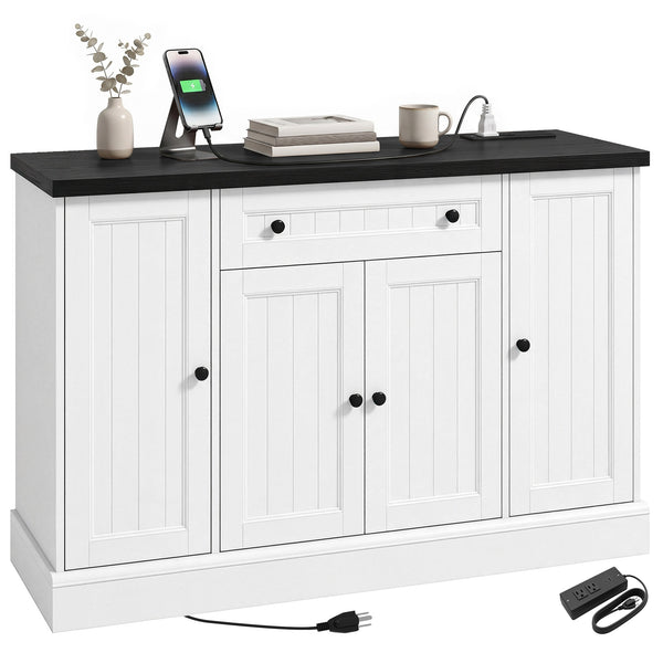 47" Farmhouse Sideboard Buffet Cabinet with Charging Station, Coffee Bar Cabinet with 3 Adjustable Shelves, White