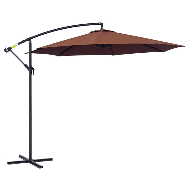 Parasol de terrasse Deluxe 3 m déporté suspendu avec manivelle, base en croix, couleur café