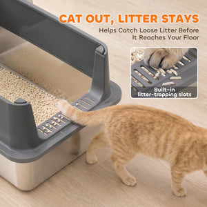 2 Pack XL Stainless Steel Litter Box with Scoops, High-Sided, for Large and Multiple Cats, Anti-Urine Leakage