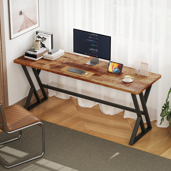 Bureau d'ordinateur de 71" avec structure en X pour bureau à domicile, marron rustique