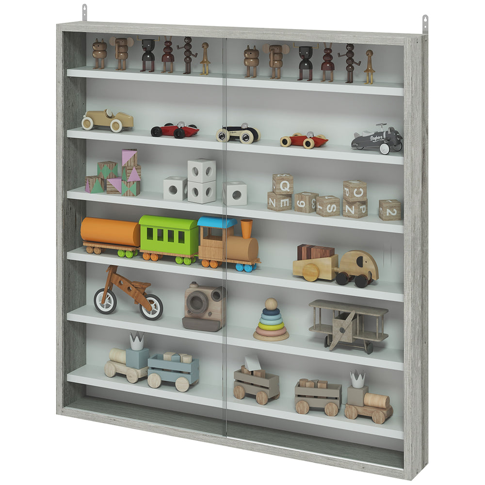 7-tier glass display cabinet with 2 glass doors and 6 adjustable shelves, gray