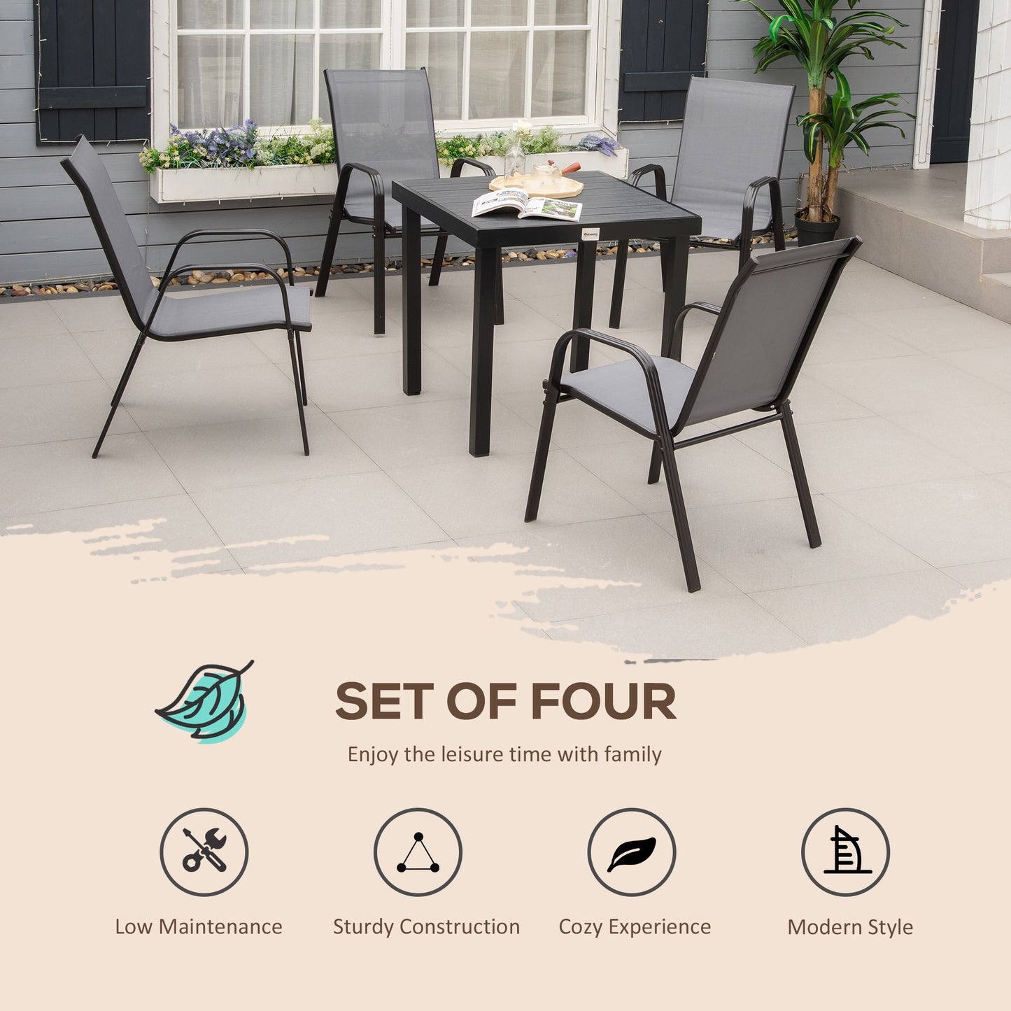 Lot de 4 chaises de salle à manger d'extérieur, robustes et empilables, avec accoudoirs, gris foncé