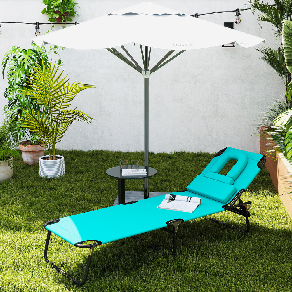 Chaise longue pliante d'extérieur inclinable avec ouverture pour le visage, coussin amovible, dossier réglable en 3 positions, verte