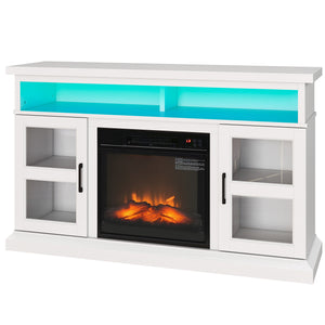 TV stand with integrated fireplace, compatible with TVs up to 55 inches, white