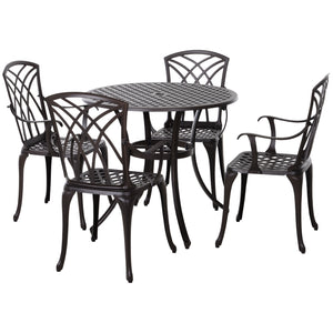 Ensemble de salle à manger d'extérieur 5 pièces, table et chaises de patio en fonte d'aluminium avec trou pour parasol, marron