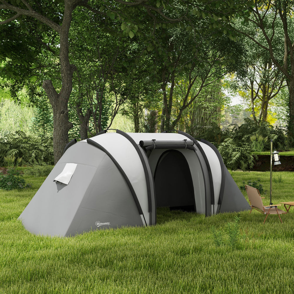 Tente de camping avec 2 chambres et un espace de vie, imperméable 3000 mm, grise.