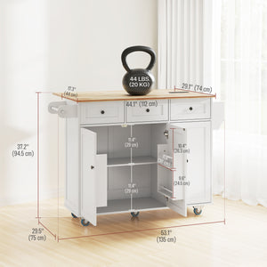Îlot de cuisine mobile blanc avec comptoir rabattable, prises électriques et 3 tiroirs