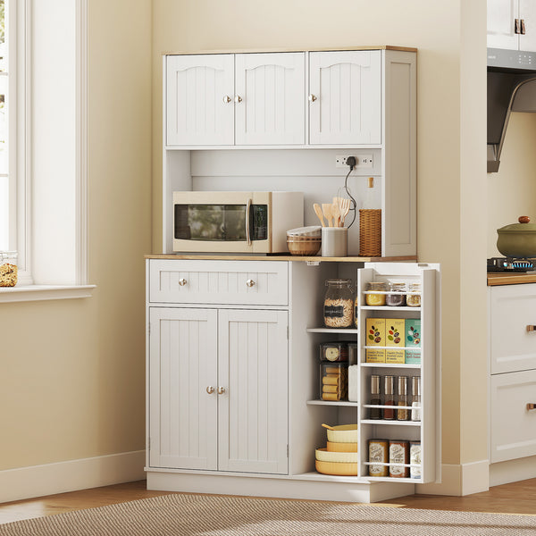 68" Storage Cabinet with Charging Station, Microwave Mount, 4 Door Shelves, White