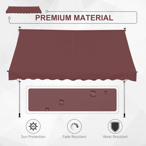 10x5ft Patio Sun Shade Canopy Manual Retractable Awning with 5.6-9.2ft Support Pole for Window, Door, Porch, Wine Red
