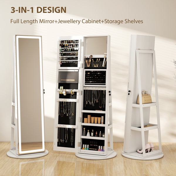 Armoire à bijoux avec miroir verrouillable sur toute la longueur, avec LED, blanc