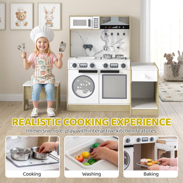 Qaba Kids Kitchen Playset, 2-in-1 Convertible Table and Chair Set with Sink, Oven, Microwave, Accessories for Ages 3-8