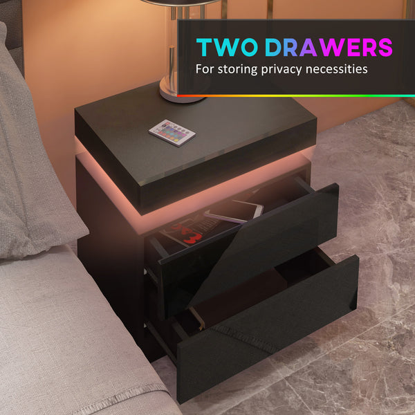 Table de chevet avec éclairage LED et 2 tiroirs, noire