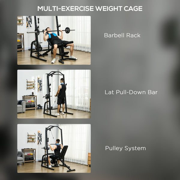 Cage de musculation multifonctionnelle avec banc réglable, barre d'haltères et rack à squats à 15 niveaux