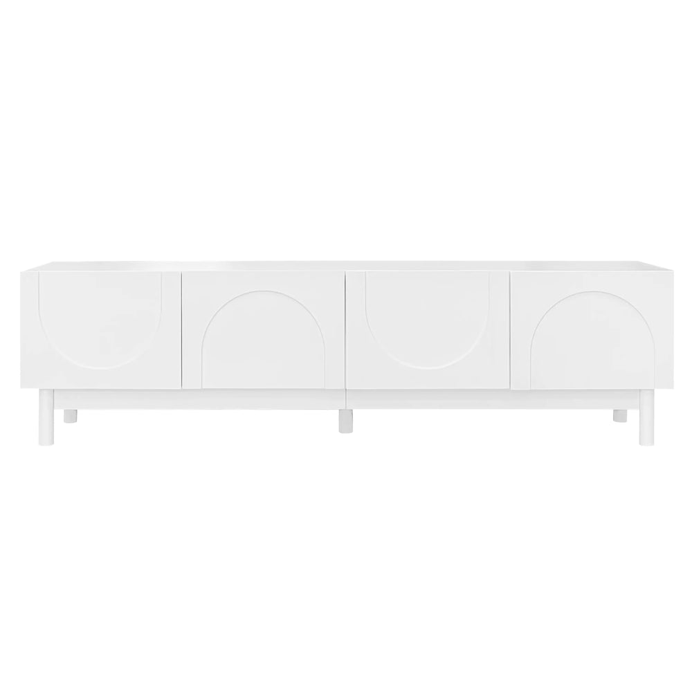 Meuble TV moderne avec portes ondulées, grand espace de rangement et pieds robustes, blanc