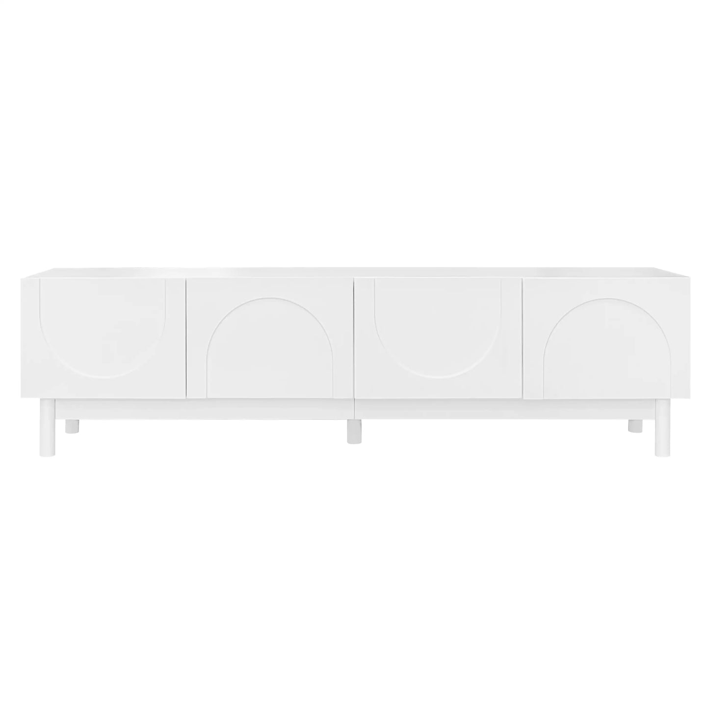 Meuble TV moderne avec portes ondulées, grand espace de rangement et pieds robustes, blanc