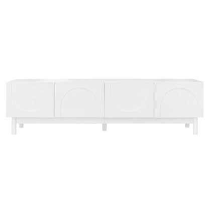 Meuble TV moderne avec portes ondulées, grand espace de rangement et pieds robustes, blanc