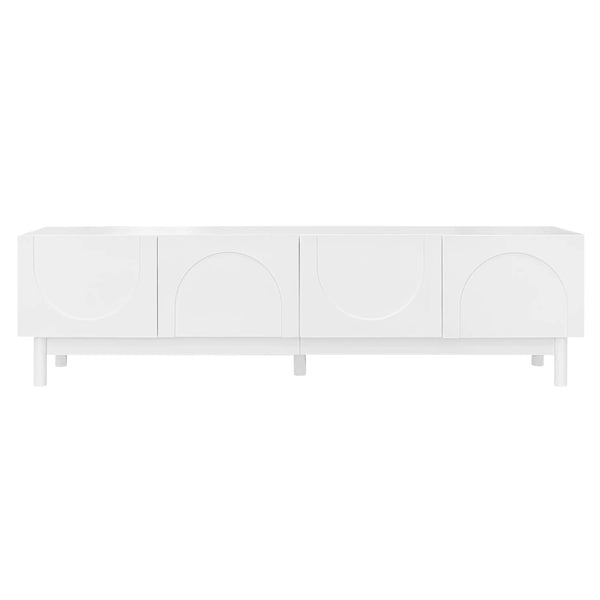 Meuble TV moderne avec portes ondulées, grand espace de rangement et pieds robustes, blanc