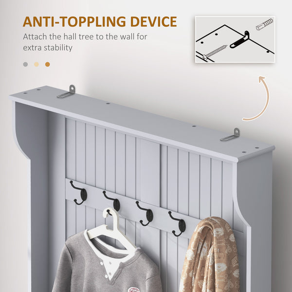 Meuble d'entrée moderne 3 en 1 avec porte-manteau, banc et rangement à chaussures, 5 crochets pour couloir et salon, gris