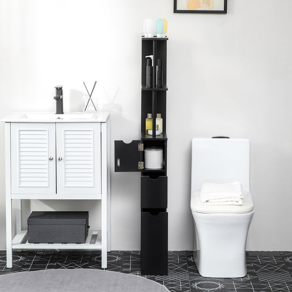 Narrow bathroom storage cabinet with drawers and open shelves for small spaces, black
