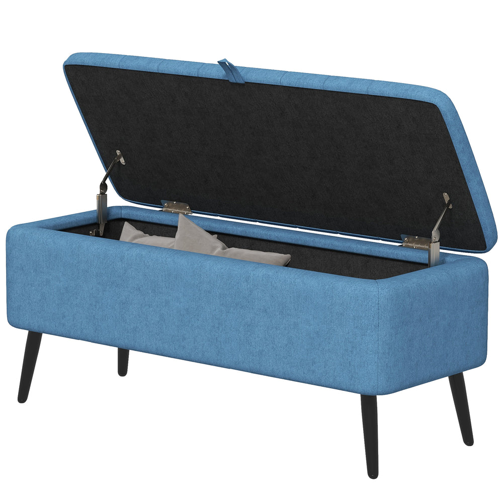 Pouf avec rangement rembourré en lin avec pieds en acier, bleu foncé