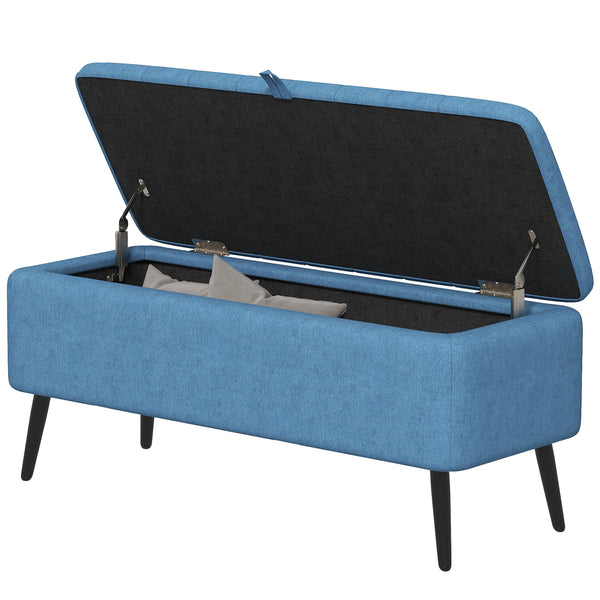 Pouf avec rangement rembourré en lin avec pieds en acier, bleu foncé
