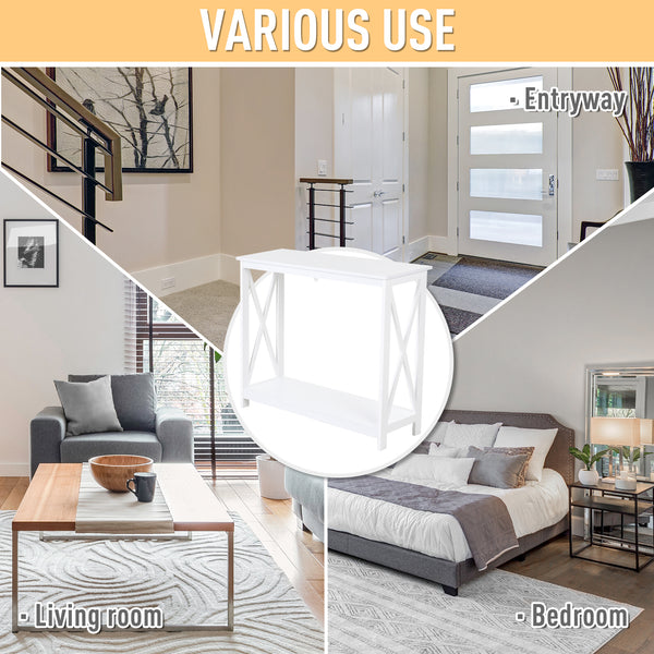 2-Tier Narrow Entryway Console Table, X-Shaped Design, with Storage Shelf for Behind Sofa, Living Room, Hallway, White