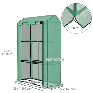 Mini greenhouse with 3 tiered shelves and 3 roll-up doors