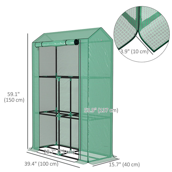 Mini greenhouse with 3 tiered shelves and 3 roll-up doors