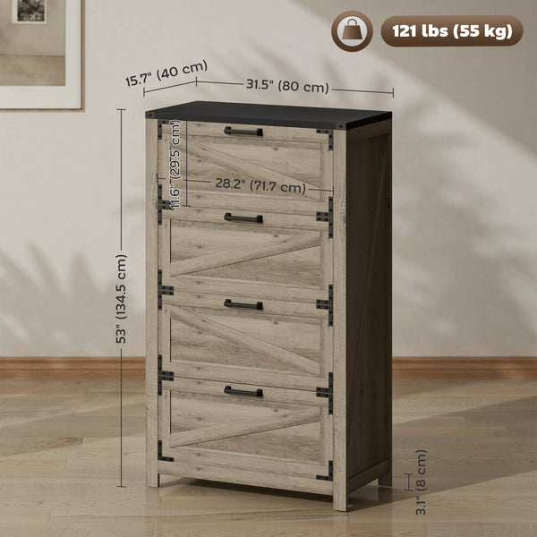 Classeur 4 tiroirs de style campagnard avec barres de suspension réglables pour format lettre, A4, légal, gris