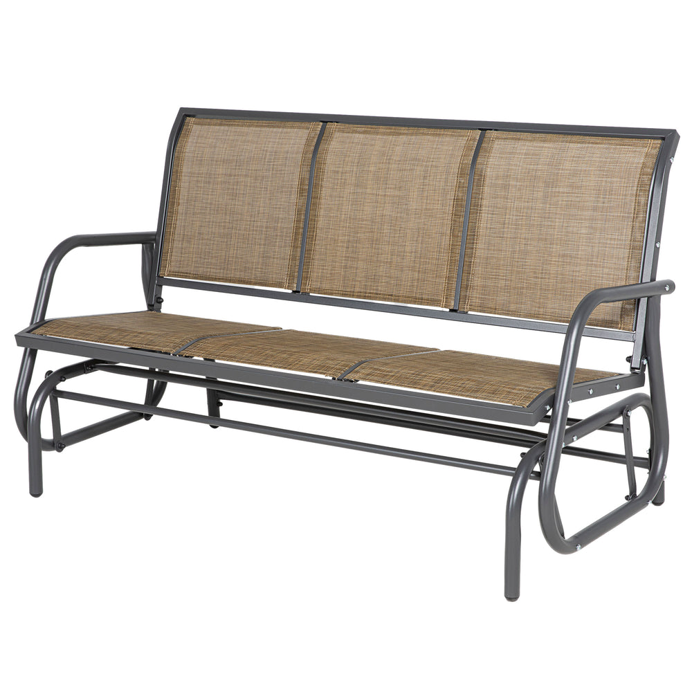 Fauteuil à bascule 3 places avec structure en acier et assise en tissu marron, parfait pour un espace extérieur comme un jardin ou une terrasse