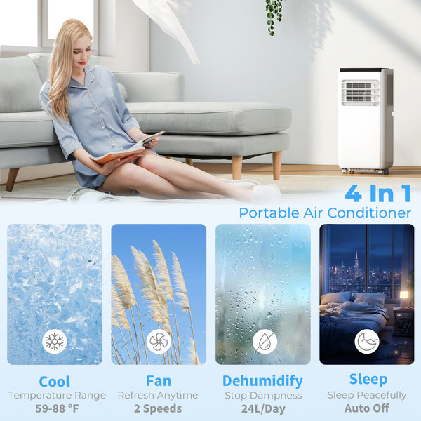 4-in-1 8000 BTU Portable Air Conditioner with Cooling, Dehumidification, Fan, Sleep Mode, Wi-Fi Voice Remote Control, White