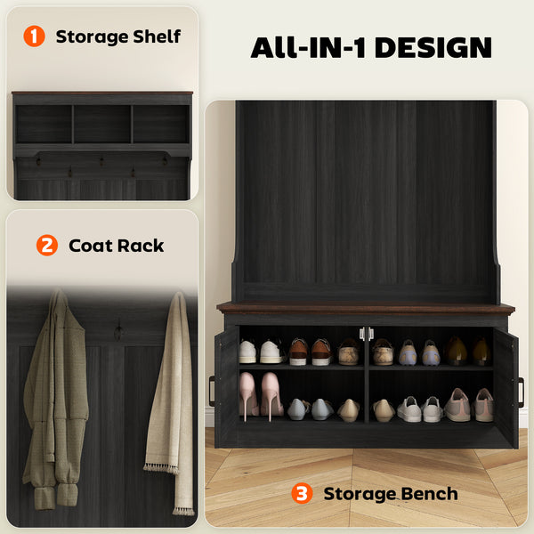 Meuble d'entrée 3 en 1 avec banc, porte-manteau et rangement pour chaussures, noir vieilli