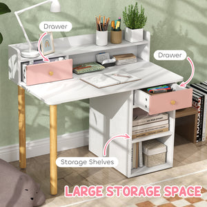 Kids Study Table and Chair Set with Storage and Shelves, for 3-8 Year Olds, Pink