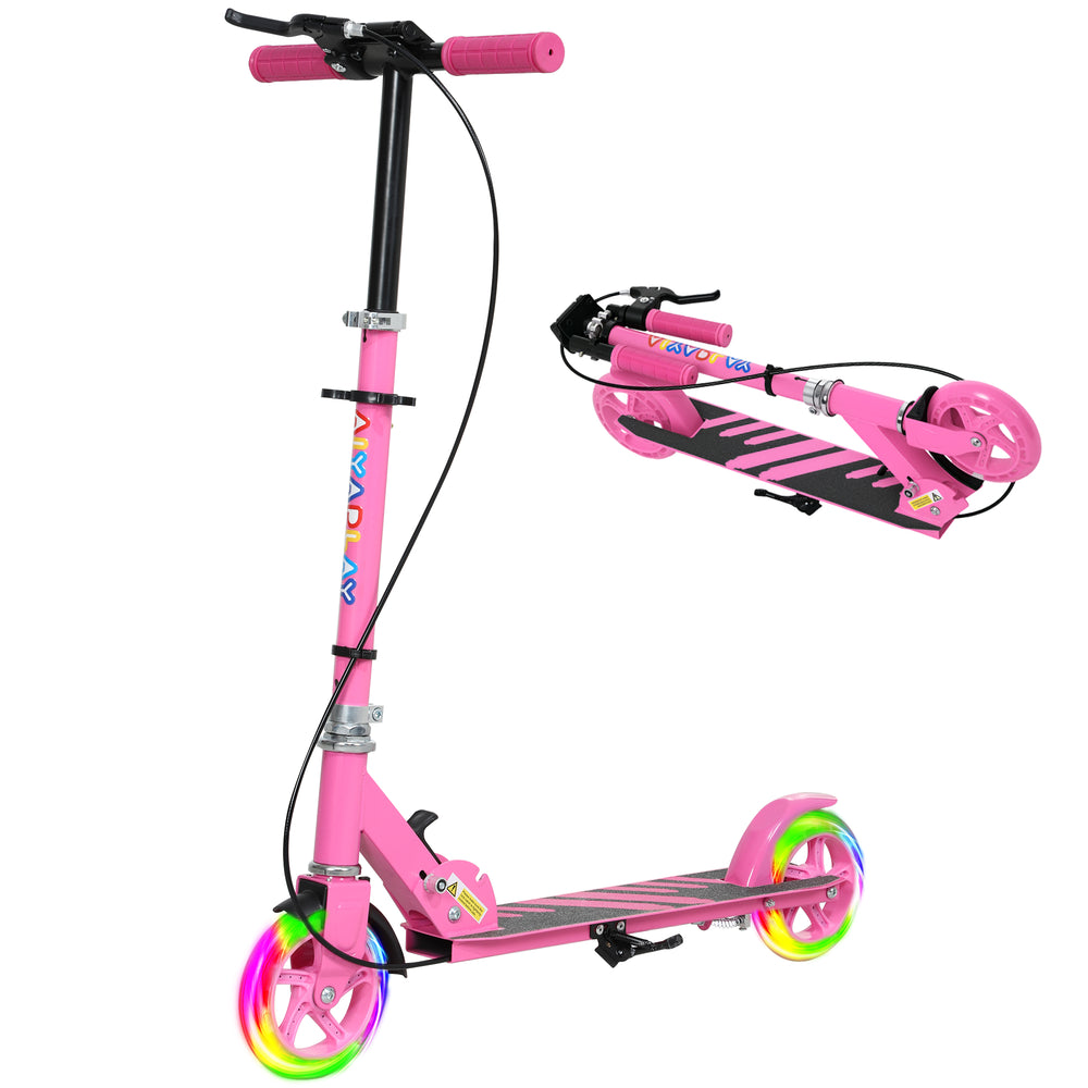 Scooter for children aged 3 to 8 years with light-up wheels, adjustable handlebars, rear brake and handbrake, pink