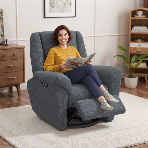 Fauteuil inclinable électrique, revêtement en tissu, ports USB, fonction pivotante et à bascule, repose-pieds, gris foncé