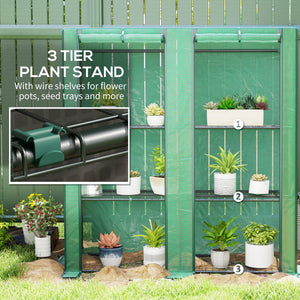 Lean-to greenhouse with 3-tier shelves, green