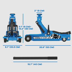 Cric hydraulique extra-bas 2,5 tonnes bleu avec plage de levage jusqu’à 14,1 po, bleu