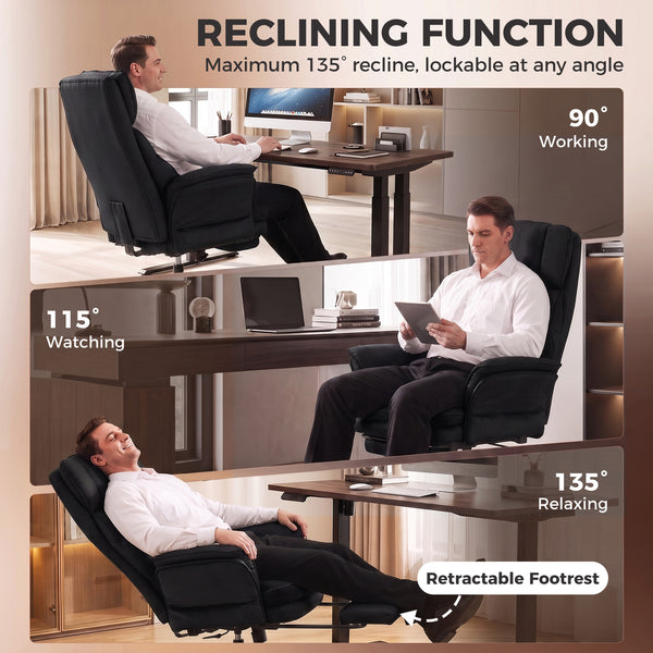 Chaise de bureau inclinable en velours avec repose-pieds et accoudoirs relevables, noir