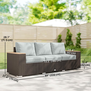3-Seater Outdoor Sofa Couch, Wicker Patio Sofa with Wood Effect Armrests and Thick Cushions, Grey