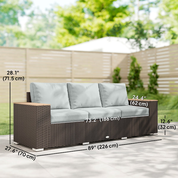 3-Seater Outdoor Sofa Couch, Wicker Patio Sofa with Wood Effect Armrests and Thick Cushions, Grey