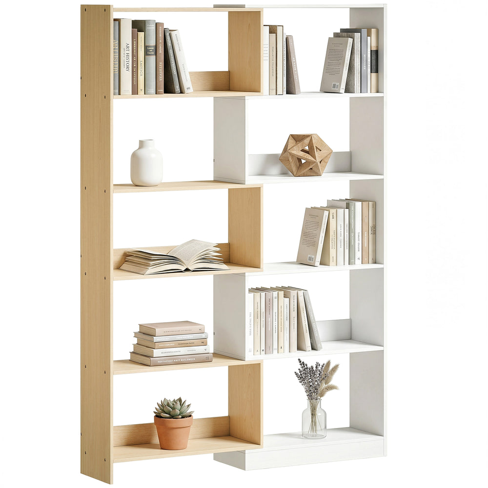Bibliothèque en L à 5 niveaux avec rotation à 350°, design bicolore, bois fruitier/blanc