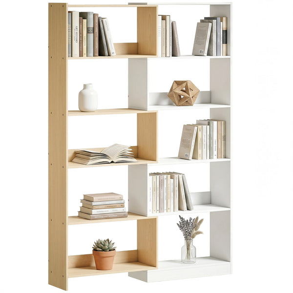 Bibliothèque en L à 5 niveaux avec rotation à 350°, design bicolore, bois fruitier/blanc